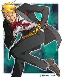 Rule 34 | 1boy, ace attorney, aoiuma2021, aqua background, artist name, black footwear, black jacket, black pants, blonde hair, border, bowtie, collared shirt, formal, gem, grey eyes, grey hair, grey socks, grin, hand in pocket, hand up, happy, holding, holding magnifying glass, jacket, knees together feet apart, leaning forward, long sleeves, looking to the side, luke atmey, magnifying glass, male focus, multicolored hair, open clothes, open jacket, outline, outside border, pants, phoenix wright: ace attorney - trials and tribulations, red bow, red bowtie, red gemstone, shirt, shirt tucked in, shoes, short hair, signature, smile, socks, solo, standing, standing on one leg, teeth, twitter username, two-tone hair, v-shaped eyebrows, white border, white outline, white shirt