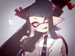 Rule 34 | 1girl, :p, black hair, black nails, black necktie, diagonal bangs, dynamo roller (splatoon), full body, gradient background, grey background, grey eyes, holding, holding weapon, inkling, inkling girl, inkling player character, inuowour, long hair, necktie, nintendo, pointy ears, solo, splatoon (series), splatoon 2, tongue, tongue out, weapon