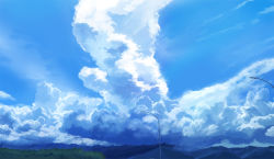 Rule 34 | ariken, blue sky, blue theme, cloud, cloudy sky, commentary request, day, lamppost, monochrome, mountain, nature, no humans, outdoors, scenery, sky, summer