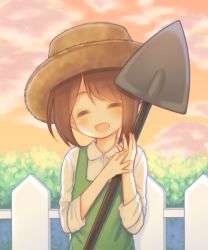 Rule 34 | 1girl, = =, apron, brown hair, brown hat, closed eyes, cloud, cloudy sky, collared shirt, commentary, emma woods, facing viewer, fence, green apron, hat, holding, identity v, outdoors, sakurato ototo shizuku, shirt, shovel, sky, solo, sunset, upper body, white shirt