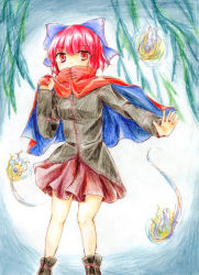 Rule 34 | 1girl, bow, capelet, colored pencil (medium), covered mouth, divine spirit (touhou), hair bow, long sleeves, miniskirt, puchimirin, red eyes, red hair, red skirt, sekibanki, shirt, short hair, skirt, solo, touhou, traditional media, wkyw9647 (artist)