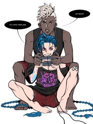 Rule 34 | 1boy, 1girl, alternate costume, arcane: league of legends, arm tattoo, asymmetrical bangs, bare arms, bare shoulders, barefoot, black shirt, braid, brown eyes, cloud tattoo, d (xxl30433461), dark-skinned male, dark skin, dreadlocks, ekko (league of legends), english text, fang, firelight ekko, grin, hair ornament, highres, invisible chair, jinx (league of legends), league of legends, looking at viewer, nail polish, off shoulder, official alternate hairstyle, pink eyes, pink nails, playing games, print shirt, red shorts, shirt, shorts, sitting, smile, speech bubble, tattoo, teeth, toenail polish, toenails, twin braids, twintails