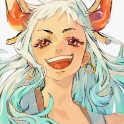 Rule 34 | 1girl, ao 6336, aqua hair, close-up, commentary request, earrings, eyelashes, hair ornament, highres, horns, jewelry, multicolored hair, one piece, red horns, short eyebrows, sidelocks, simple background, smile, solo, teeth, upper body, upper teeth only, white background, white hair, yamato (one piece)