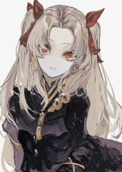Rule 34 | 1girl, black dress, dress, earrings, ereshkigal (fate), ereshkigal (third ascension) (fate), fate/grand order, fate (series), hair ribbon, head tilt, highres, jewelry, light brown hair, long hair, looking at viewer, making-of available, open mouth, orange eyes, parted bangs, red ribbon, ribbon, solo, upper body, vivi (skuskuma ), white background