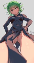 Rule 34 | 1girl, ?, artist name, black dress, breasts, dress, from below, gluteal fold, green eyes, green hair, highres, looking at viewer, no panties, one-punch man, partially visible vulva, ryuji (red-truth), short hair, simple background, small breasts, solo, tatsumaki