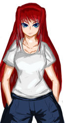Rule 34 | 00s, 1girl, aozaki aoko, blue eyes, breasts, cleavage, denim, hair intakes, hands in pockets, ichigai (hayawossan), jeans, long hair, melty blood, pants, red hair, shirt, smirk, solo, t-shirt, tsukihime, type-moon, very long hair