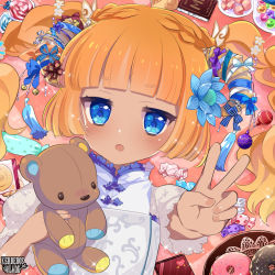 Rule 34 | 1girl, argyle, argyle background, argyle clothes, bad arm, blue eyes, blunt bangs, blush, braid, candy, child, chocolate, chocolate bar, commission, copyright name, doughnut, flower, food, hair flower, hair ornament, hand up, holding, holding stuffed toy, kerberos blade, l (matador), lollipop, orange hair, pink background, short sleeves, solo, stuffed animal, stuffed toy, teddy bear, twintails, v, wrapped candy