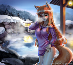 1girl, animal ears, bangs, blunt bangs, blush, breasts, brown hair, closed mouth, collarbone, come hither, eyebrows visible through hair, fox ears, fox girl, fox tail, holo, jewelry, large breasts, long hair, long sleeves, looking at viewer, naughty face, necklace, night, onsen, outdoors, racoon-kun, red eyes, seductive smile, smile, solo, spice and wolf, tail, wet