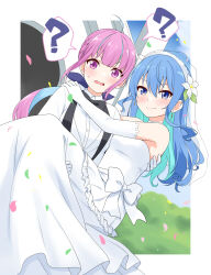 Rule 34 | 2girls, ?, absurdres, ahoge, arms around neck, blue eyes, blue hair, blush, border, carrying, chestnut mouth, church, colored inner hair, commentary, dress, elbow gloves, feet out of frame, felutiahime, female focus, flower, formal, gloves, hair flower, hair ornament, highres, hololive, hoshimachi suisei, looking at viewer, matching hair/eyes, minato aqua, multicolored hair, multiple girls, outdoors, pink eyes, pink hair, princess carry, spoken question mark, suit, tuxedo, upper body, veil, virtual youtuber, wedding, wedding dress, white dress, white flower, white gloves, white suit, wife and wife, yuri