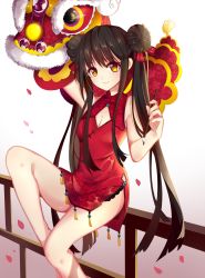 Rule 34 | 1girl, akira (ying), black hair, breasts, china dress, chinese clothes, cleavage, double bun, dress, highres, long hair, looking at viewer, original, petals, sitting, sleeveless, smile, solo, twintails, very long hair, yellow eyes