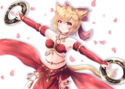 Rule 34 | 1girl, animal ears, bandeau, blonde hair, blush, bow, breasts, bridal gauntlets, cat ears, cat tail, chakram, choker, cleavage, cocoasabure, commentary request, cowboy shot, dancer, elbow gloves, final fantasy, final fantasy xiv, gloves, hair between eyes, hair bow, harem outfit, highres, holding, holding weapon, jewelry, looking at viewer, medium breasts, miqo&#039;te, outstretched arms, pelvic curtain, petals, pink bow, red eyes, red gloves, shadow, short hair, simple background, smile, solo, standing, stomach, tail, warrior of light (ff14), weapon, white background