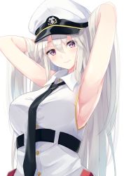 Rule 34 | 1girl, armpits, arms behind head, arms up, azur lane, bad id, bad pixiv id, belt, blush, breasts, enterprise (azur lane), hands in hair, hands up, hat, head tilt, highres, igayan, large breasts, long hair, looking at viewer, necktie, purple eyes, shirt, sidelocks, sleeveless, solo, tears, upper body, white hair, white shirt