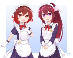Rule 34 | 2girls, alternate costume, alternate hairstyle, apron, blue background, blue dress, bow, bowtie, brown hair, crescent, crescent pin, dress, enmaided, frilled apron, frills, gloves, gradient background, gradient hair, highres, kantai collection, kisaragi (kancolle), long hair, long sleeves, maid, maid headdress, multicolored hair, multiple girls, mutsuki (kancolle), ponytail, purple eyes, red bow, red bowtie, red eyes, red hair, red ribbon, ribbon, short hair, white apron, white background, white gloves, zanne