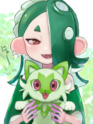 Rule 34 | 1girl, :d, akichi knt, alternate color, colored skin, company connection, creatures (company), crossover, earrings, eyeliner, game freak, gradient skin, green hair, hachimaki, hair over one eye, headband, highres, holding, holding pokemon, jewelry, long hair, looking at viewer, makeup, multicolored skin, multiple earrings, nejiri hachimaki, nintendo, octoling, open mouth, pink eyeliner, pokemon, pokemon (creature), pokemon sv, poncho, purple skin, red eyes, see-through, shiver (splatoon), smile, splatoon (series), splatoon 3, sprigatito, suction cups, tentacle hair, two-tone skin