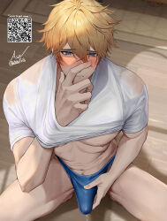 Rule 34 | 1boy, absurdres, asa ifrit (asaifrit), blonde hair, blue eyes, bulge, clothes lift, covered penis, covering own mouth, english text, erection, erection under clothes, gepard landau, guilty challenge (meme), hand in clothes, hand over own mouth, hand under clothes, hand under shirt, highres, honkai: star rail, honkai (series), male focus, male masturbation, male underwear, masturbation, meme, muscular, precum, precum through clothes, shirt, shirt lift, stomach, underwear