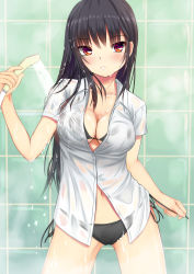 Rule 34 | 1girl, bikini, bikini under clothes, black hair, blush, breasts, buttons, cleavage, collarbone, collared shirt, cowboy shot, dress shirt, fingernails, hand up, highres, holding, kurokami (kurokaminohito), long hair, looking at viewer, looking away, looking to the side, medium breasts, navel, original, parted lips, red eyes, see-through, shirt, short sleeves, shower head, side-tie bikini bottom, solo, swimsuit, swimsuit under clothes, tile wall, tiles, unbuttoned, unbuttoned shirt, untying, water drop, wet, wet clothes