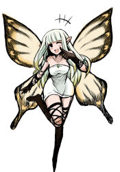 Rule 34 | 1girl, ;d, aerie (bravely default), black thighhighs, blunt bangs, bravely default: flying fairy, bravely default (series), butterfly wings, dress, elbow gloves, fairy, gloves, insect wings, leaning forward, long hair, md5 mismatch, one eye closed, open mouth, pointy ears, simple background, sketch, smile, solo, strapless, strapless dress, thighhighs, white background, white hair, wide hips, wings, yasakani an