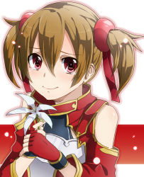 Rule 34 | 10s, 1girl, armor, bad id, bad pixiv id, breastplate, brown hair, detached sleeves, fingerless gloves, flower, gloves, keita (tundereyuina), looking at viewer, red eyes, short twintails, silica, smile, solo, sword art online, tears, twintails
