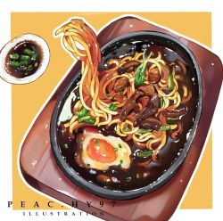 Rule 34 | ain (peac hy97), commentary, egg, food, food focus, highres, mushroom, no humans, noodles, original, plate, ramen, sauce, saucer, simple background, tray