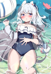 Rule 34 | 1girl, absurdres, animal ears, bare legs, bare shoulders, black one-piece swimsuit, blue archive, blue eyes, blush, cellphone, collarbone, fake animal ears, feet out of frame, flat chest, frilled one-piece swimsuit, frills, grey hair, highres, long hair, lying, lying on water, miyako (blue archive), miyako (swimsuit) (blue archive), natsukari na, official alternate costume, on back, one-piece swimsuit, open mouth, phone, rabbit ears, smartphone, solo, swimsuit, water