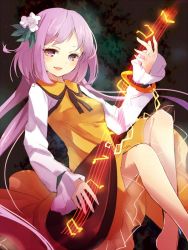 Rule 34 | 1girl, bad id, bad twitter id, biwa lute, blush, dress, flower, hair flower, hair ornament, instrument, lips, long hair, long sleeves, looking at viewer, lute (instrument), musical note, nunucco, open mouth, purple eyes, purple hair, shirt, smile, solo, touhou, tsukumo benben, twintails, white shirt, yellow dress