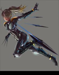 Rule 34 | 1boy, androgynous, bodysuit, covered navel, dark skin, full body, grey background, jumping, lilith-soft, long hair, looking at viewer, mikoyan, multicolored hair, nipples, ponytail, solo, taimanin (series), taimanin asagi, taimanin asagi kessen arena, tenma yayoi, thong, trap, two-tone hair, very long hair, weapon, wide hips