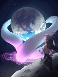 Rule 34 | 1girl, animated, bare shoulders, earth (planet), gloves, halo, hololive, hololive english, long hair, lowres, moon, ninomae ina&#039;nis, ninomae ina&#039;nis (1st costume), planet, purple hair, solo, space, standing, tentacle hair, tentacles, video, virtual youtuber, wings, zedd (zedgawr)
