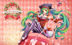 Rule 34 | 1girl, argyle, argyle background, argyle clothes, cat food (vocaloid), choker, christmas, detached sleeves, finger to mouth, ginkasarah, green hair, hatsune miku, high heels, long hair, nail polish, new year, open mouth, pantyhose, project diva (series), project diva f, shoes, sitting, solo, striped clothes, striped pantyhose, twintails, vertical-striped clothes, vertical-striped pantyhose, very long hair, vocaloid, yellow eyes