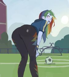 Rule 34 | 1girl, amugea, ass, ball, black leggings, blue jacket, blue skin, building, bush, colored skin, day, from behind, highres, hood, hooded jacket, jacket, leaning forward, leggings, long hair, multicolored hair, my little pony, my little pony: equestria girls, my little pony: friendship is magic, open mouth, outdoors, purple eyes, rainbow dash (equestria girls), rainbow hair, rainbow print, soccer ball, soccer field, solo, sweat, wristband