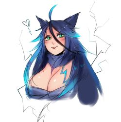 Rule 34 | &gt;:), &gt;:3, 1girl, :3, :p, ahoge, animal ears, bad link, blue eyes, blue hair, blush, breast tattoo, breasts, closed mouth, cropped torso, electricity, fur collar, glowing, glowing tattoo, green eyes, hair between eyes, heart, large breasts, long hair, matilda fiship, mole, mole on breast, monster girl, monster girl encyclopedia, multicolored eyes, multicolored hair, raiju (monster girl encyclopedia), sarashi, second-party source, simple background, sketch, slit pupils, smile, solo, tattoo, tongue, tongue out, upper body, v-shaped eyebrows, weasel ears, white background