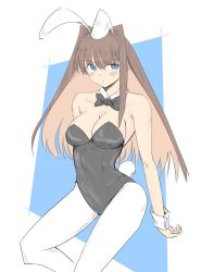 Rule 34 | 1girl, animal ears, aozaki aoko, bare shoulders, black leotard, blue eyes, blush, bow, bowtie, breasts, brown hair, cleavage, closed mouth, commentary, detached collar, fake animal ears, fake tail, hair intakes, highres, leotard, long hair, looking at viewer, mahou tsukai no yoru, medium breasts, pantyhose, playboy bunny, rabbit ears, rabbit tail, ray of light, solo, strapless, strapless leotard, tail, white pantyhose, wrist cuffs