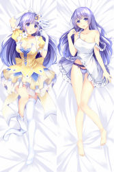 Rule 34 | 10s, 1girl, :o, barefoot, bed sheet, bison cangshu, blue eyes, blue hair, breasts, choker, cleavage, crescent, crescent hair ornament, dakimakura (medium), date a live, dress, hair ornament, highres, izayoi miku, long hair, looking at viewer, lying, multiple views, open mouth, panties, pantyshot, underwear, white dress