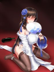 Rule 34 | 1girl, alternate hairstyle, ankle ribbon, black hair, black thighhighs, blue flower, blush, bottle, breasts, bridal gauntlets, brown gloves, brown thighhighs, china dress, chinese clothes, closed mouth, covered navel, dress, drunk, flower, garter straps, girls&#039; frontline, gloves, grey background, hair flower, hair ornament, hand fan, highres, holding, holding fan, jewelry, lace, lace-trimmed legwear, lace trim, large breasts, leg ribbon, long hair, looking at viewer, mingke, mole, mole under eye, no shoes, off shoulder, official alternate costume, paper fan, pelvic curtain, ribbon, ring, sidelocks, simple background, sitting, smile, solo, spill, thighhighs, type 95 (girls&#039; frontline), type 95 (narcissus) (girls&#039; frontline), uchiwa, very long hair, wariza, wavy hair, wedding band, white dress, yellow eyes