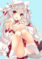 Rule 34 | 1girl, :d, animal ears, animal hood, azur lane, blue background, blush, breasts, budget sarashi, cleavage, collar, collarbone, commentary request, detached sleeves, fake animal ears, fangs, fingernails, grey hair, hair between eyes, head tilt, highres, hood, hood up, long hair, long sleeves, looking at viewer, medium breasts, nail polish, no shoes, open mouth, panties, pink nails, pleated skirt, red collar, red eyes, red skirt, saeki touma, sarashi, short eyebrows, simple background, skirt, smile, socks, soles, solo, tabi, tail, thick eyebrows, underwear, very long hair, white panties, white sleeves, white socks, wide sleeves, wolf ears, wolf girl, wolf tail, yuudachi (azur lane), yuudachi (the bride of solomon) (azur lane)
