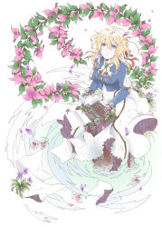 Rule 34 | 1girl, blonde hair, blue eyes, blue jacket, boots, braid, breasts, brooch, commentary request, dress, floating, flower, flying, flying paper, h-noi, hair between eyes, hair intakes, hair ribbon, highres, jacket, jewelry, long hair, long sleeves, looking at viewer, mechanical arms, paper, parted lips, petals, pink flower, puffy long sleeves, puffy sleeves, purple flower, red ribbon, ribbon, simple background, sitting, solo, typewriter, typing, violet (flower), violet evergarden, violet evergarden (series), white background, white neckwear