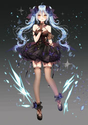 Rule 34 | 1girl, absurdres, ahoge, ankle strap, arm at side, black dress, black footwear, black gloves, blue hair, blush, bug, butterfly, commentary request, dark background, demon wings, dot nose, dress, fishnet thighhighs, fishnets, full body, garter straps, gloves, gothic lolita, hair between eyes, hair ornament, hand up, highres, insect, king&#039;s raid, lolita fashion, long hair, looking at viewer, neck ribbon, open mouth, petals, print dress, red ribbon, ribbon, sidelocks, single sleeve, solo, sonia (king&#039;s raid), sparkle, strap, taya oco, thighhighs, wings, yellow eyes