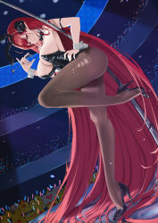 Rule 34 | 1girl, absurdly long hair, absurdres, animal ears, arm strap, ass, azur lane, bare shoulders, bending, black footwear, black horns, black leotard, breasts, brown pantyhose, curled horns, demon girl, demon horns, detached collar, fake animal ears, from above, hand on own hip, heart, high heels, highres, hindenburg (azur lane), hindenburg (delirious duel) (azur lane), horns, indoors, large breasts, leg up, leotard, long hair, looking at viewer, looking down, manjuu (azur lane), official alternate costume, pantyhose, playboy bunny, pointy ears, pole dancing, pouring, pouring onto self, rabbit ears, red eyes, red hair, shoes, solo, stage, standing, standing on one leg, strapless, strapless leotard, torn clothes, torn pantyhose, undersized breast cup, very long hair, xstetra (esxty)