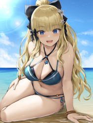 Rule 34 | 1girl, :d, adjusting hair, arm behind back, bare shoulders, bikini, black bow, blonde hair, blue bikini, blue eyes, blue sky, blunt bangs, blurry, bow, breasts, cleavage, cloud, cloudy sky, collarbone, commentary request, depth of field, flower, hair bow, hair flower, hair ornament, hand on own thigh, highres, horizon, large breasts, layered bikini, light brown hair, long hair, looking at viewer, midriff, multi-strapped bikini, navel, o-ring, o-ring bikini, ocean, oekakizuki, open mouth, pointy ears, ponytail, princess connect!, saren (princess connect!), saren (summer) (princess connect!), sidelocks, sky, smile, solo, swimsuit, wind
