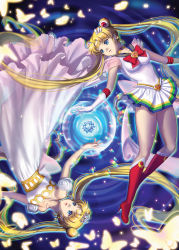 Rule 34 | 1girl, 2girls, bishoujo senshi sailor moon, blonde hair, blue eyes, boots, bow, brooch, bug, butterfly, choker, crescent, crescent facial mark, detached sleeves, dress, dual persona, elbow gloves, facial mark, gloves, hair ornament, hairclip, heart, heart brooch, high heel boots, high heels, insect, jewelry, lojet, long dress, long hair, maboroshi no ginzuishou, multiple girls, neo queen serenity, princess serenity, puffy short sleeves, puffy sleeves, red bow, red footwear, sailor moon, see-through, short sleeves, super sailor moon, symmetry, tiara, tsukino usagi, twintails, very long hair, white dress, white gloves
