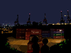 Rule 34 | 2girls, building, cargo, container, crane (machine), dark, from behind, hmm, lamppost, lights, multiple girls, night, original, scenery, shipping container, silhouette, tree