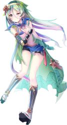 Rule 34 | 1girl, bike shorts, breasts, cleavage, covering privates, covering breasts, elbow gloves, full body, gloves, green eyes, green hair, hair ornament, hairband, long hair, looking at viewer, low twintails, midriff, nagashino (oshiro project), navel, official art, oshiro project:re, oshiro project:re, platform footwear, sho (runatic moon), single glove, small breasts, solo, torn clothes, transparent background, twintails, yellow hairband