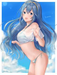 Rule 34 | 1girl, bare shoulders, bikini, blue bikini, blue eyes, blue hair, blue sky, blush, breasts, character name, cloud, crop top, day, fire emblem, fire emblem awakening, fire emblem heroes, hand up, highres, long hair, looking at viewer, looking to the side, lucina (fire emblem), medium breasts, navel, niko (aiai03012), nintendo, open mouth, outdoors, see-through, sky, smile, solo, standing, stomach, swimsuit, tiara, very long hair, wet, wet clothes
