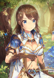 Rule 34 | 1girl, arm at side, arm belt, arrow (projectile), bad id, bad pixiv id, belt, blue dress, blue eyes, blush, bow (weapon), breasts, brown gloves, brown hair, bug, butterfly, cleavage, crossbow, dappled sunlight, dress, eyelashes, forest, gem, gloves, grass, holding, insect, jewelry, ladybug, long hair, midriff, moeru! jiten, moeru! shinsei buki jiten, nagakura (seven walkers), nature, navel, necklace, out of frame, outdoors, plant, short sleeves, sitting, skirt, smile, solo, solo focus, stomach, string, sunlight, swept bangs, tree, tristan (arthurian), tristan and iseult, upper body, vines, weapon