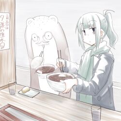 Rule 34 | 1girl, 1other, alternate costume, bokukawauso, brown eyes, chopsticks, commentary request, cup, drinking glass, food, green scarf, grey hair, highres, honketsu, kantai collection, long hair, noodles, otter, ponytail, ramen, scarf, translation request, upper body, yuubari (kancolle)