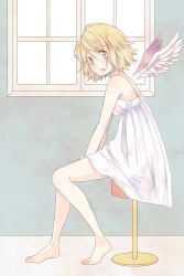 Rule 34 | 1girl, angel wings, bad id, bad pixiv id, barefoot, blonde hair, dress, feet, highres, indoors, kagamine rin, legs, messy hair, open mouth, pafufu, sitting, solo, stool, vocaloid, white dress, window, wings