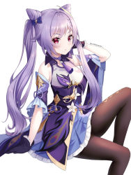 Rule 34 | 1girl, adjusting hair, arm support, bare shoulders, black pantyhose, braid, breasts, cone hair bun, detached sleeves, dress, frills, genshin impact, gloves, hair bun, hair ornament, highres, keqing (genshin impact), knee up, long hair, looking at viewer, medium breasts, pantyhose, purple eyes, purple hair, sarablanche, simple background, sitting, solo, twintails, v-shaped eyebrows, white background