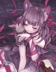 Rule 34 | 1girl, animal ears, arm ribbon, bow, breasts, brown hair, cat, cat ears, cat tail, chocolate, choker, collarbone, dress, closed eyes, fallenshadow, frilled dress, frills, from above, girutea, highres, indie virtual youtuber, leg ribbon, light particles, light smile, lips, parted lips, petite, ribbon, ribbon choker, sidelocks, signature, sitting, small breasts, solo, sparkle, strapless, strapless dress, tail, virtual youtuber, water