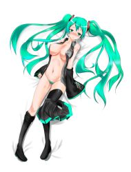 Rule 34 | 1girl, bad id, bad pixiv id, blue striped panties, blush, boots, breasts, detached sleeves, green eyes, green hair, hatsune miku, headset, highres, large breasts, long hair, matching hair/eyes, navel, open clothes, open shirt, panties, shirosaki rio, shirt, simple background, skirt, skirt around one leg, solo, striped clothes, striped panties, thigh boots, thighhighs, thong, twintails, underwear, very long hair, vocaloid, white background