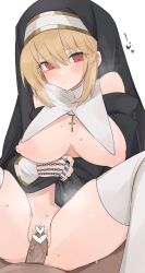 Rule 34 | 1boy, 1girl, black dress, blonde hair, blush, breasts, breasts out, censored, chunta, coif, cross, cross necklace, dress, habit, heart, heart censor, hetero, highres, jewelry, large areolae, large breasts, lifting own clothes, necklace, nipples, nude, nun, original, penis, pussy, red eyes, sex, solo focus, spread legs, steaming body, thighhighs, thighs, vaginal, white background