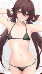 Rule 34 | 1girl, absurdres, arms up, bikini, black bikini, black nails, border, brown hair, closed mouth, commentary request, flat chest, genshin impact, hair between eyes, hair lift, hands in hair, highres, hu tao (genshin impact), long hair, nail polish, navel, red eyes, shirafuji ene, solo, stomach, swimsuit, symbol-shaped pupils, twintails, v-shaped eyebrows, very long hair, water drop, wet, white border